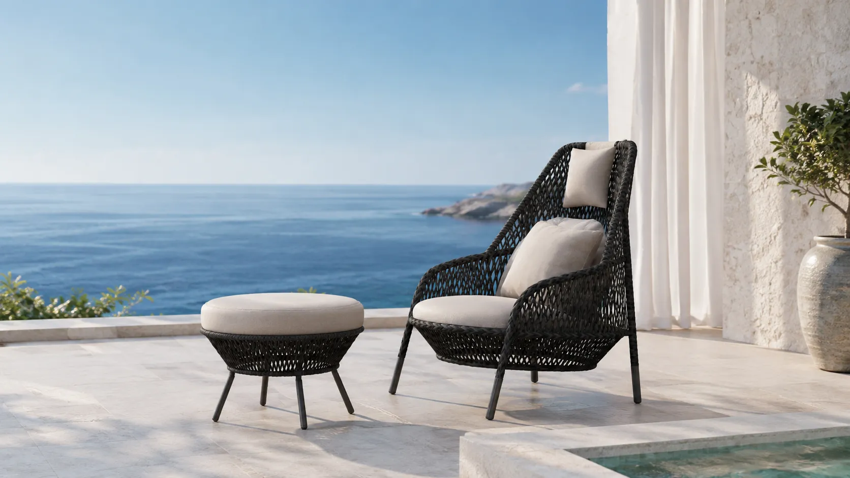 Black Wicker Lounge Chair and Ottoman for Outdoor Hospitality Projects