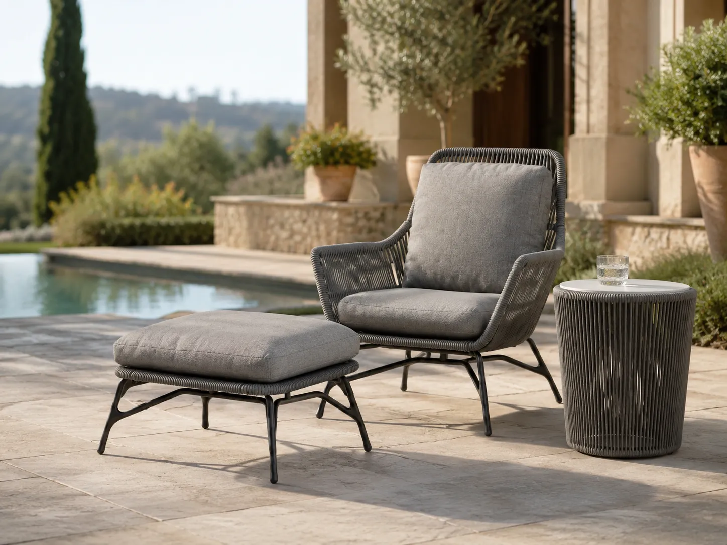 Villa patio rope lounge chair and ottoman set