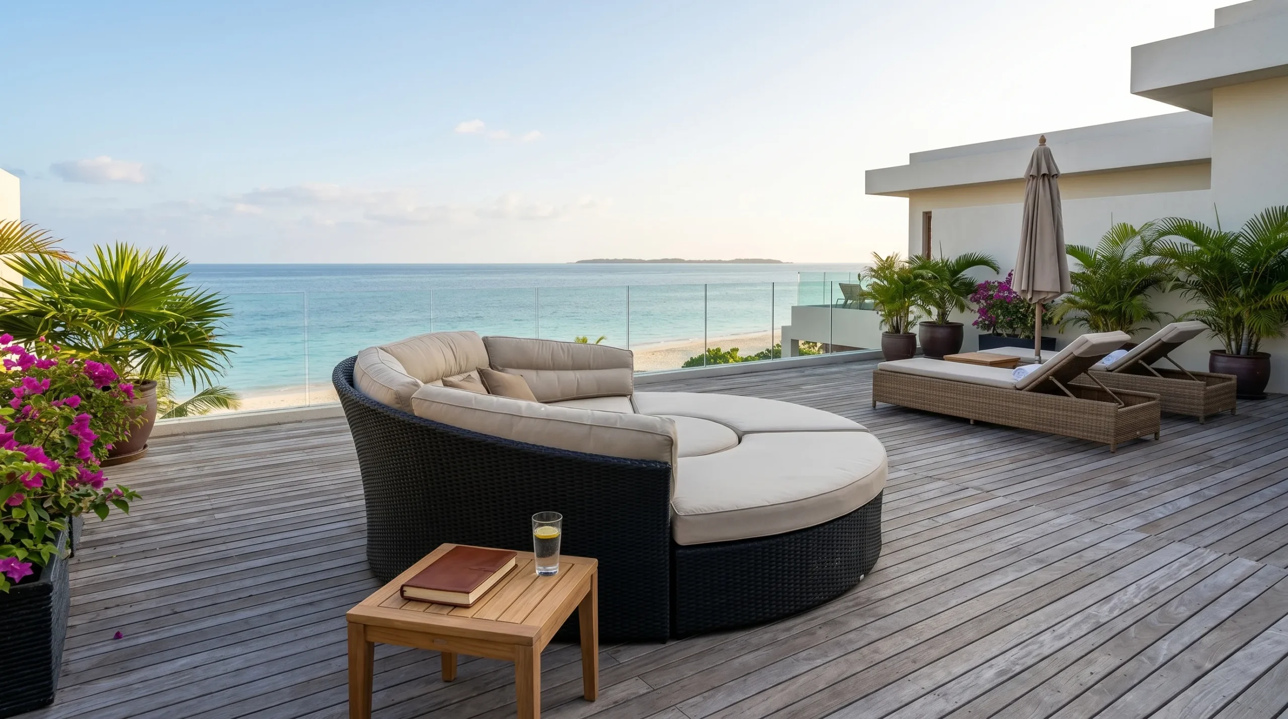 Large Round Wicker Outdoor Daybed with Beige Cushions
