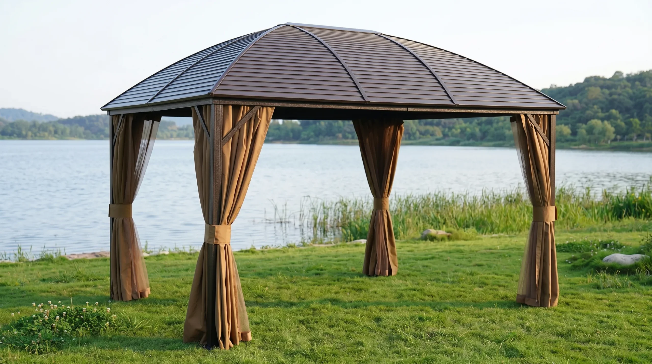 Curved Roof Galvanized Steel Gazebo with Curtains for Patio & Resort Shade