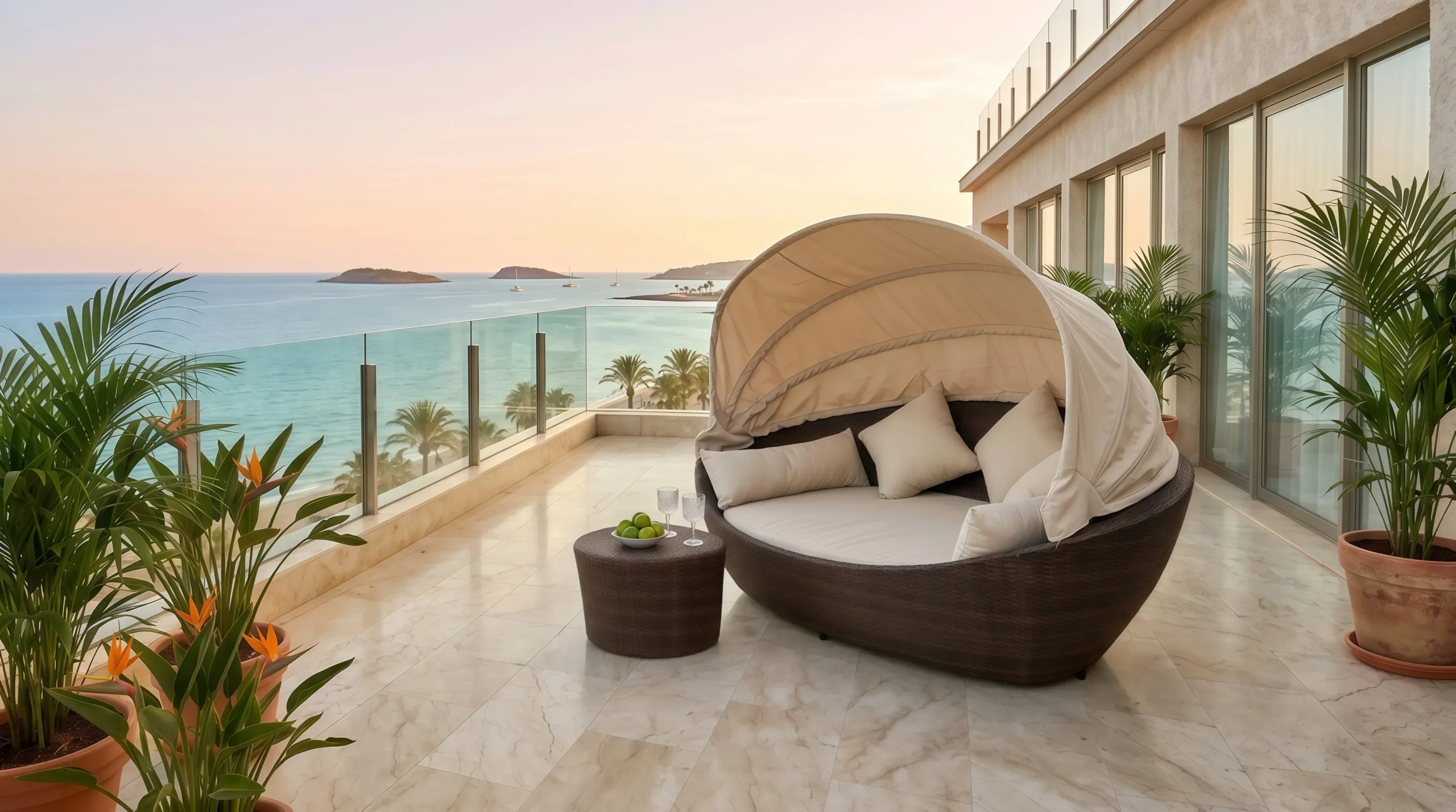 Wicker Outdoor Canopy Daybed with Side Table