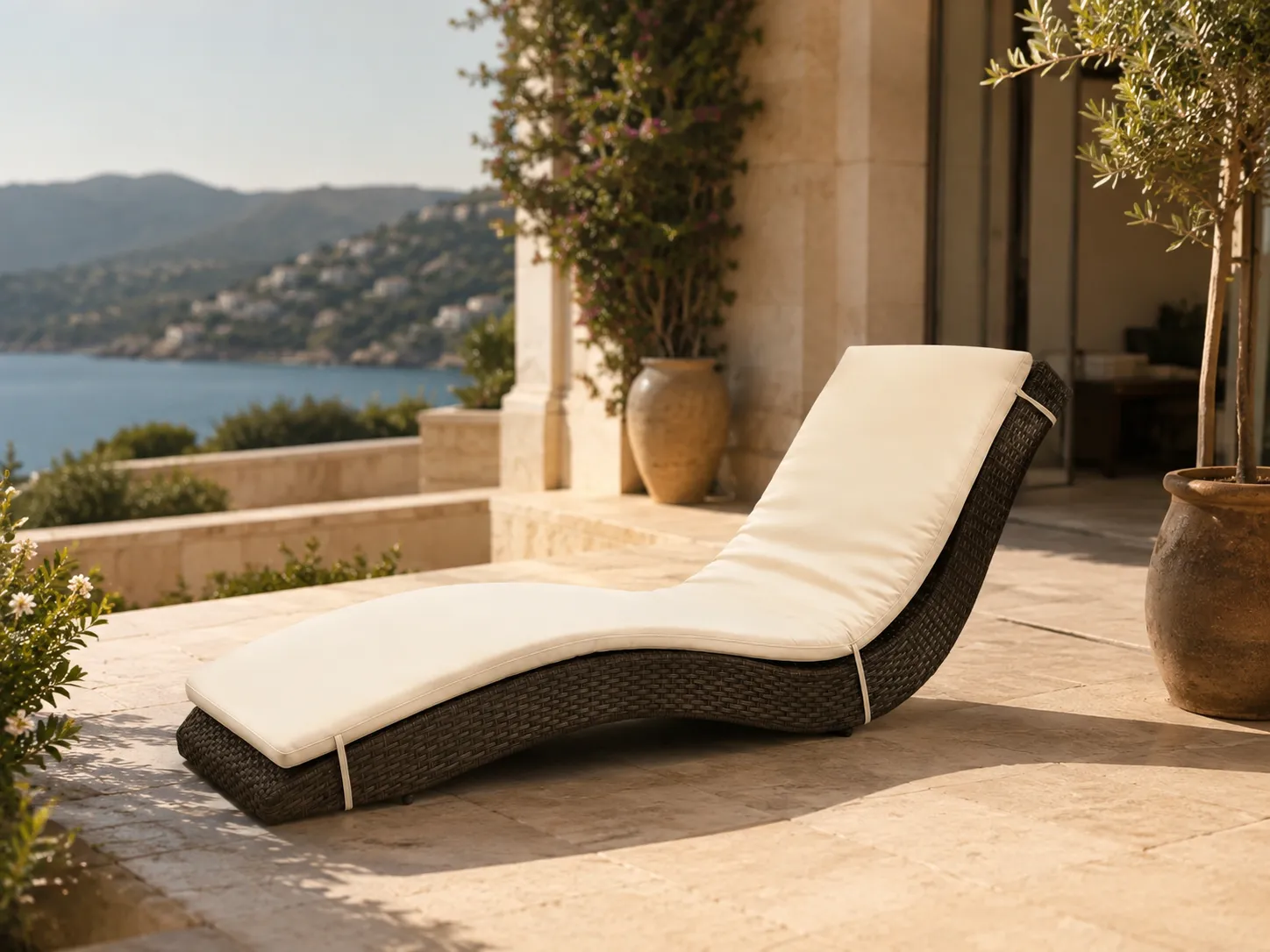 Adjustable wicker outdoor sun lounger used in a villa patio leisure area