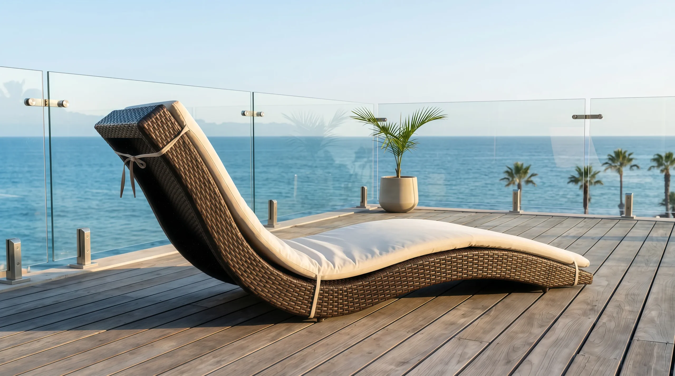 Adjustable Wicker Outdoor Sun Lounger with Beige Cushion