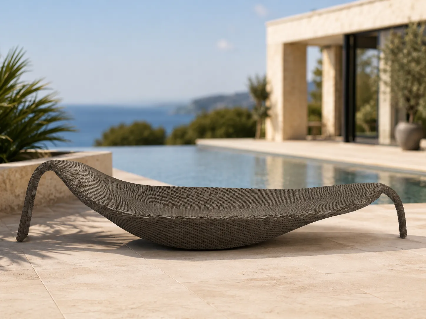 Wicker outdoor sun lounger used on a villa patio