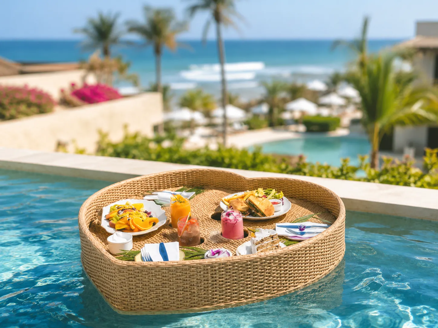 PE rattan serving tray used in villa swimming pool