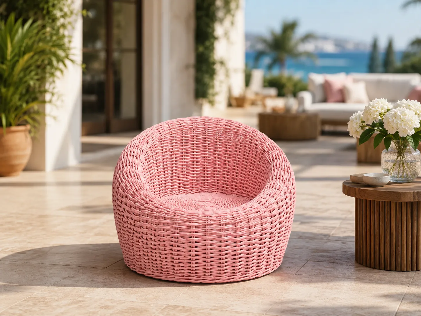 Pink rattan kids chair for villa terrace seating