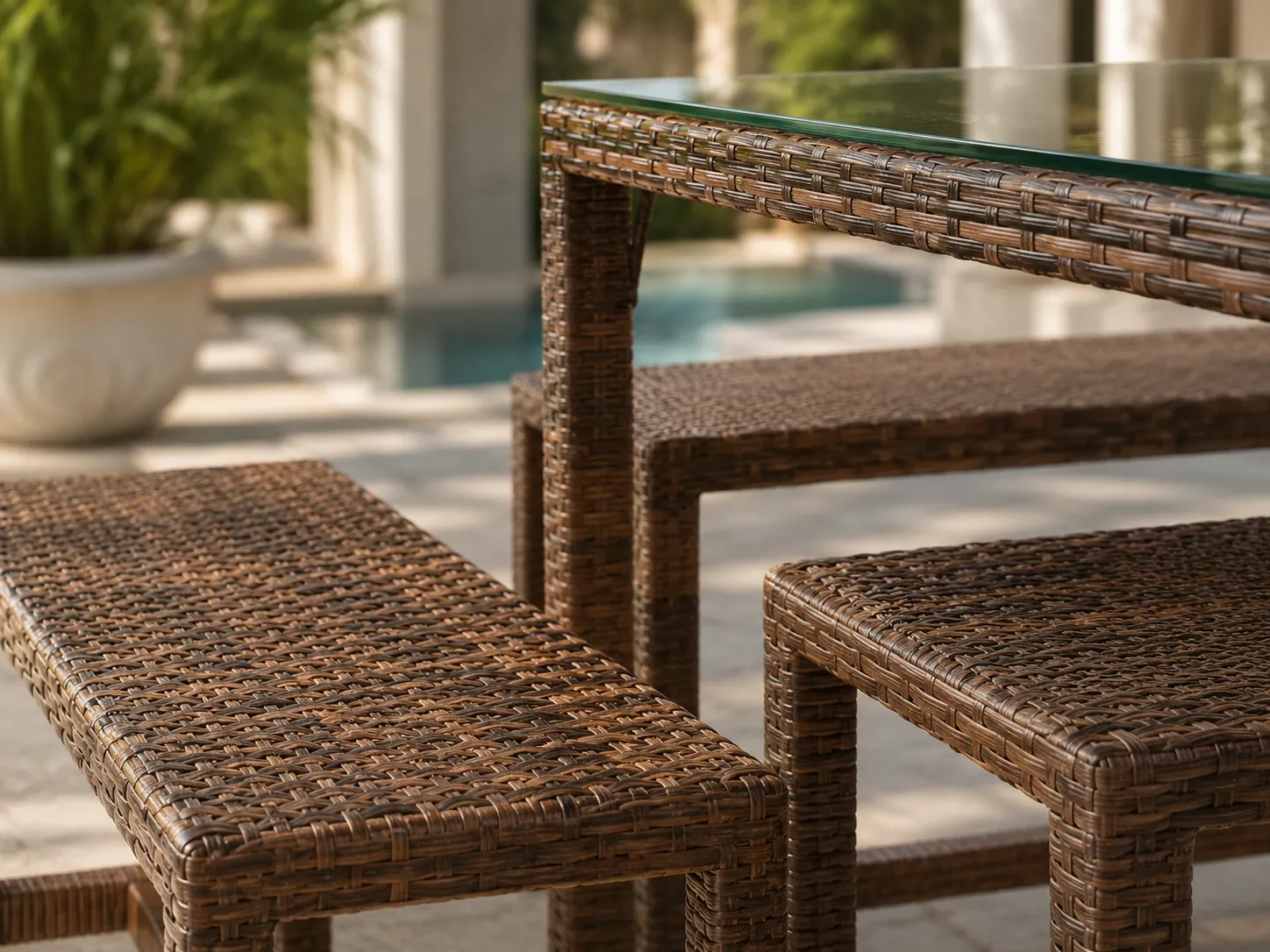 Weather-resistant PE rattan weave detail of outdoor dining set