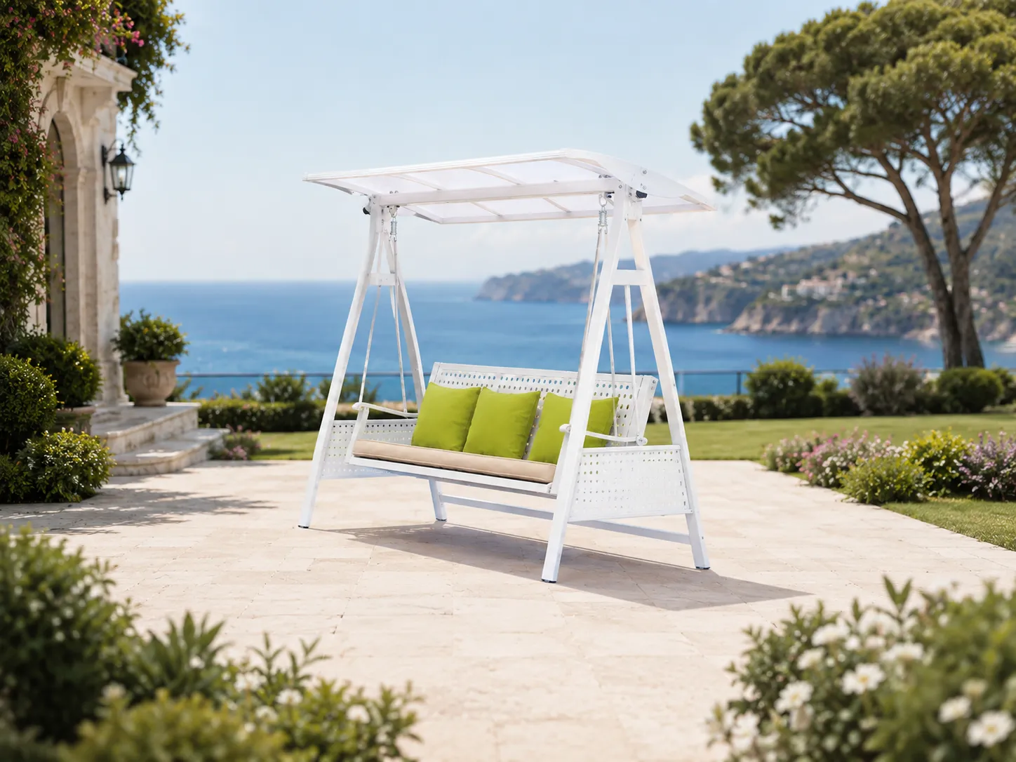 Side view of white outdoor canopy swing sofa with metal frame