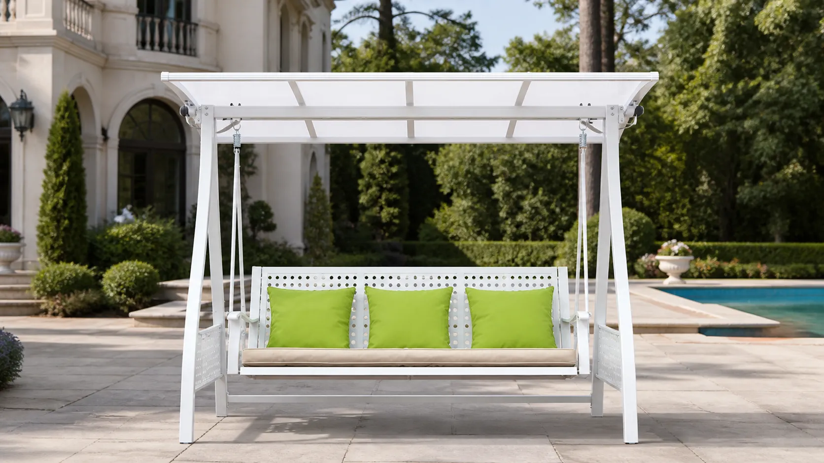White Outdoor Canopy Swing Sofa for Patio and Garden Spaces