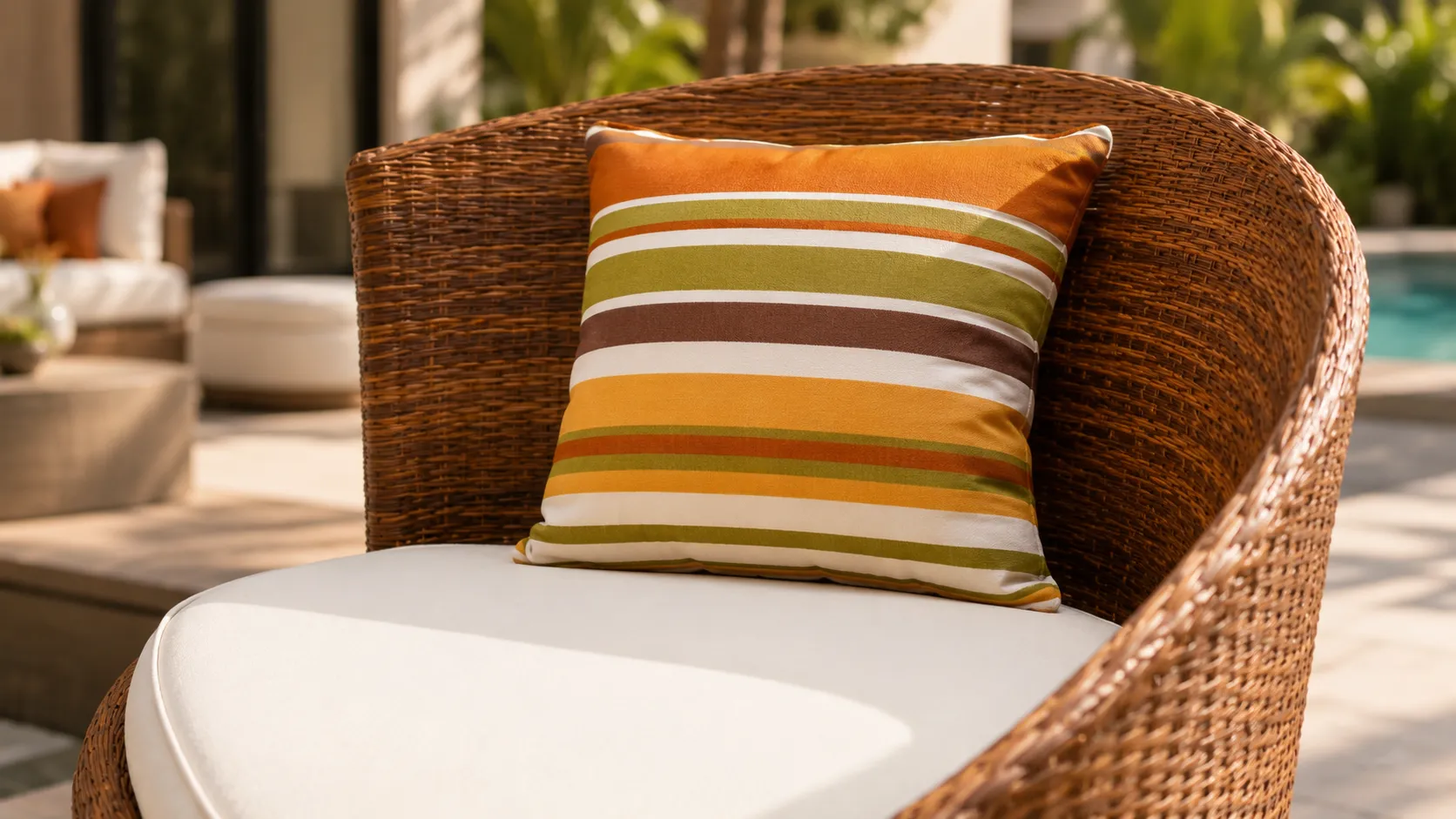 White cushion detail of PE rattan outdoor lounge chair