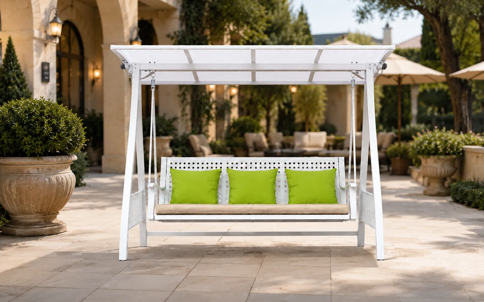 XIMU Furniture white outdoor canopy swing sofa with shade roof and cushions for patio projects