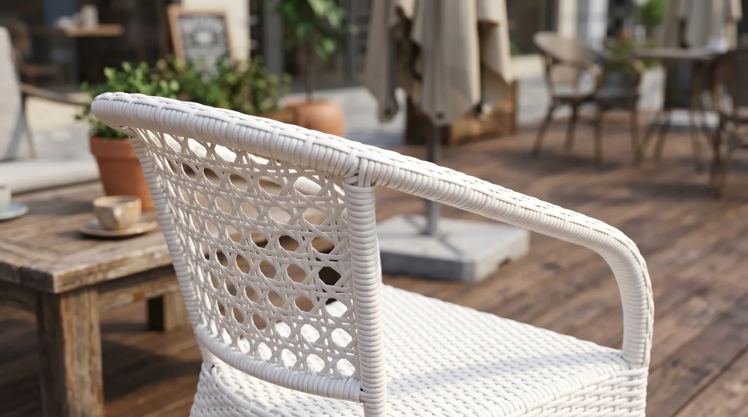 White PE Rattan Bistro Set with 2 Open-Weave Armchairs & Round Glass Table for Patio Balcony Café