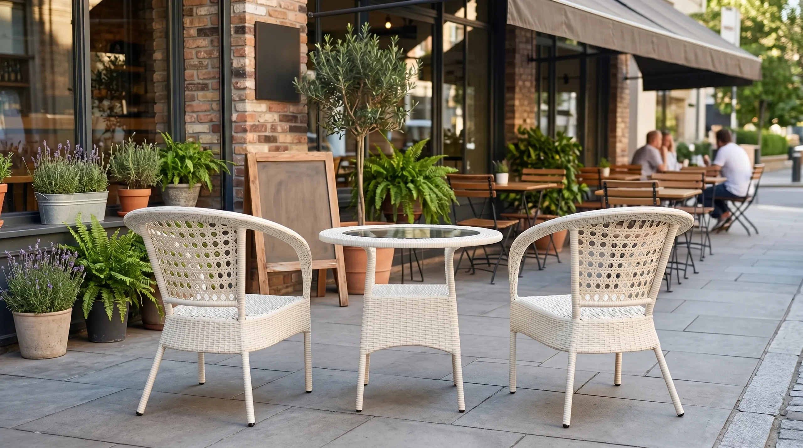 White PE Rattan Bistro Set with 2 Open-Weave Armchairs & Round Glass Table for Patio Balcony Café