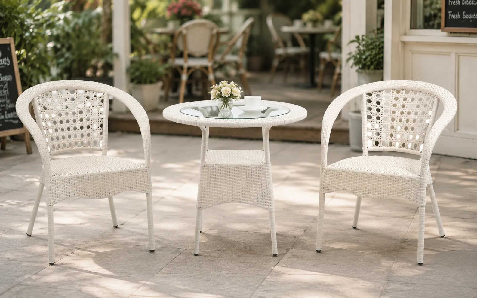 XIMU Furniture white PE rattan bistro set with 2 open-weave armchairs and round glass table