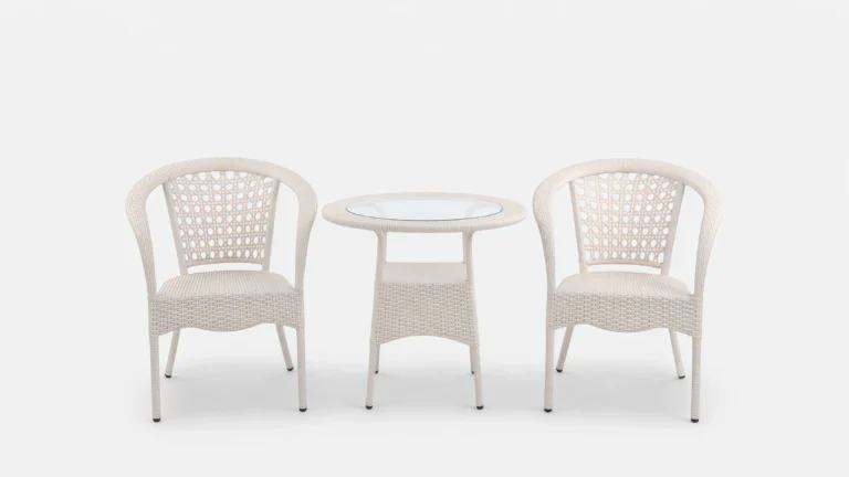 White PE Rattan Bistro Set with 2 Open-Weave Armchairs & Round Glass Table for Patio Balcony Café