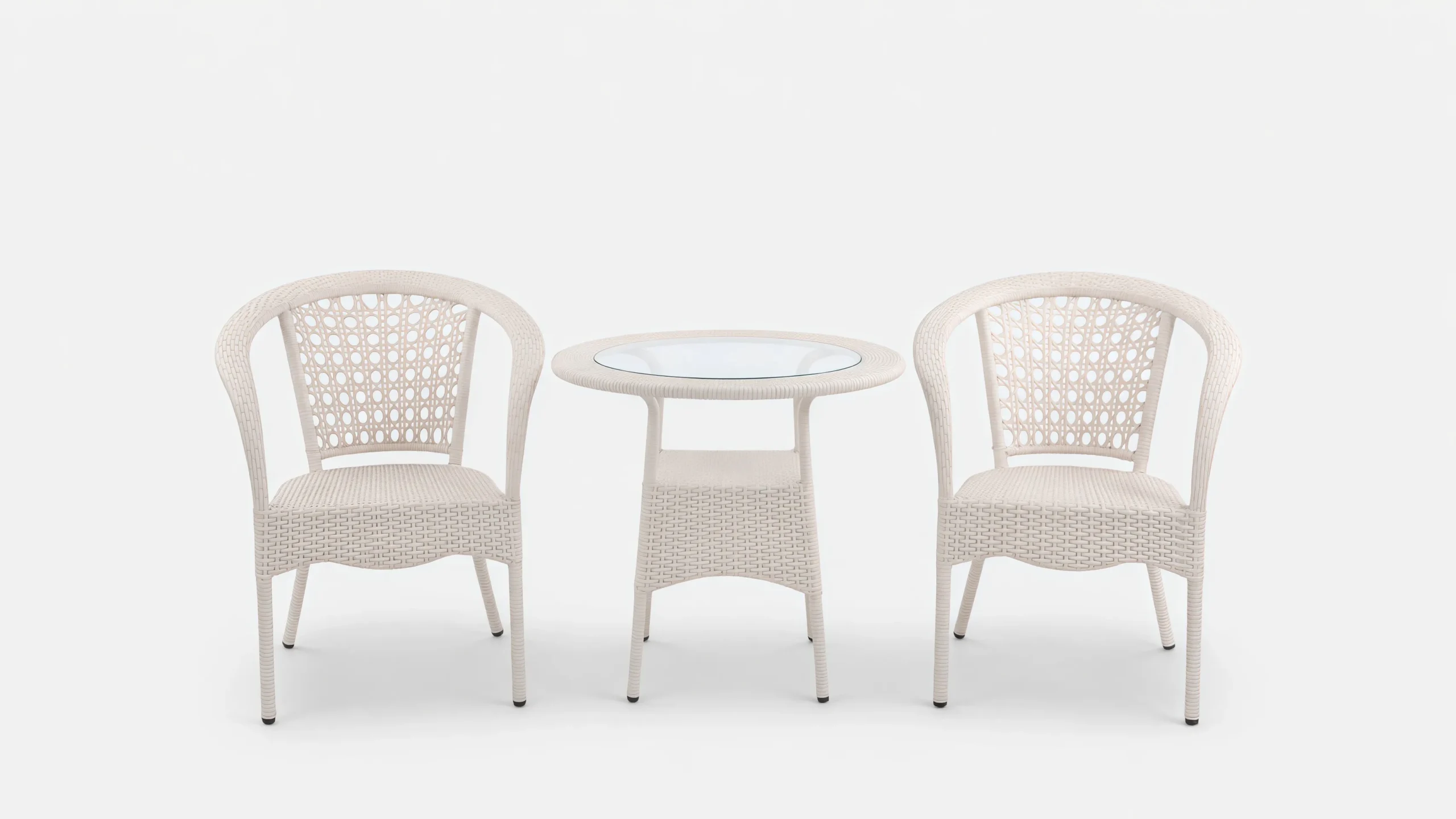 White PE Rattan Bistro Set with 2 Open-Weave Armchairs & Round Glass Table for Patio Balcony Café