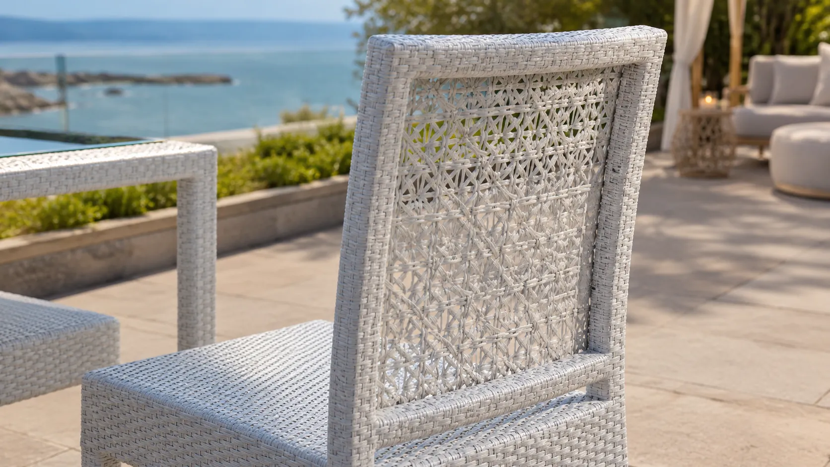 White PE Rattan Outdoor Dining Set with 4 Chairs & Glass Table for Patio Café Terrace
