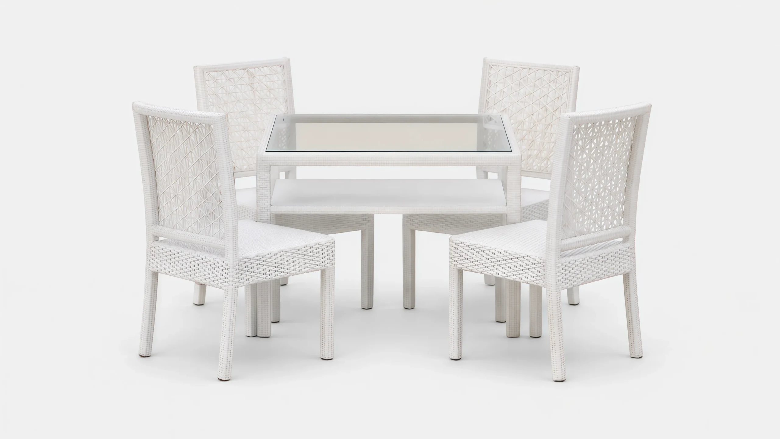 White PE Rattan Outdoor Dining Set with 4 Chairs & Glass Table for Patio Café Terrace