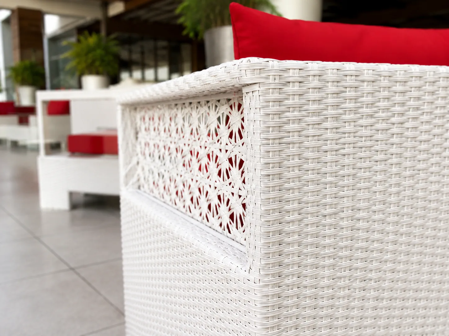 White PE rattan wicker detail of outdoor sectional sofa