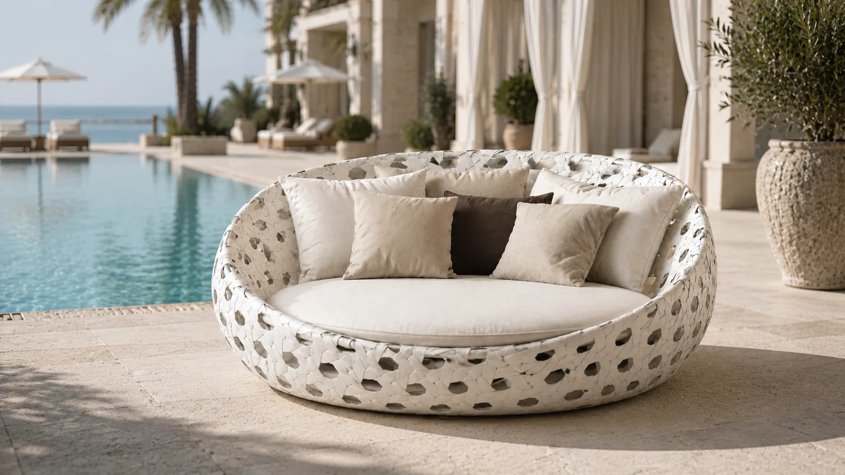XIMU Furniture white round wicker outdoor daybed with neutral cushions for hotel poolside projects