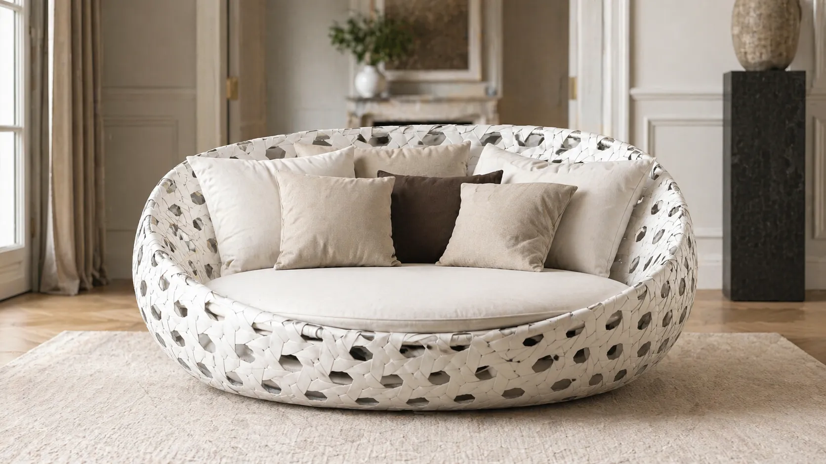 White Round Wicker Outdoor Daybed for Hotel Poolside