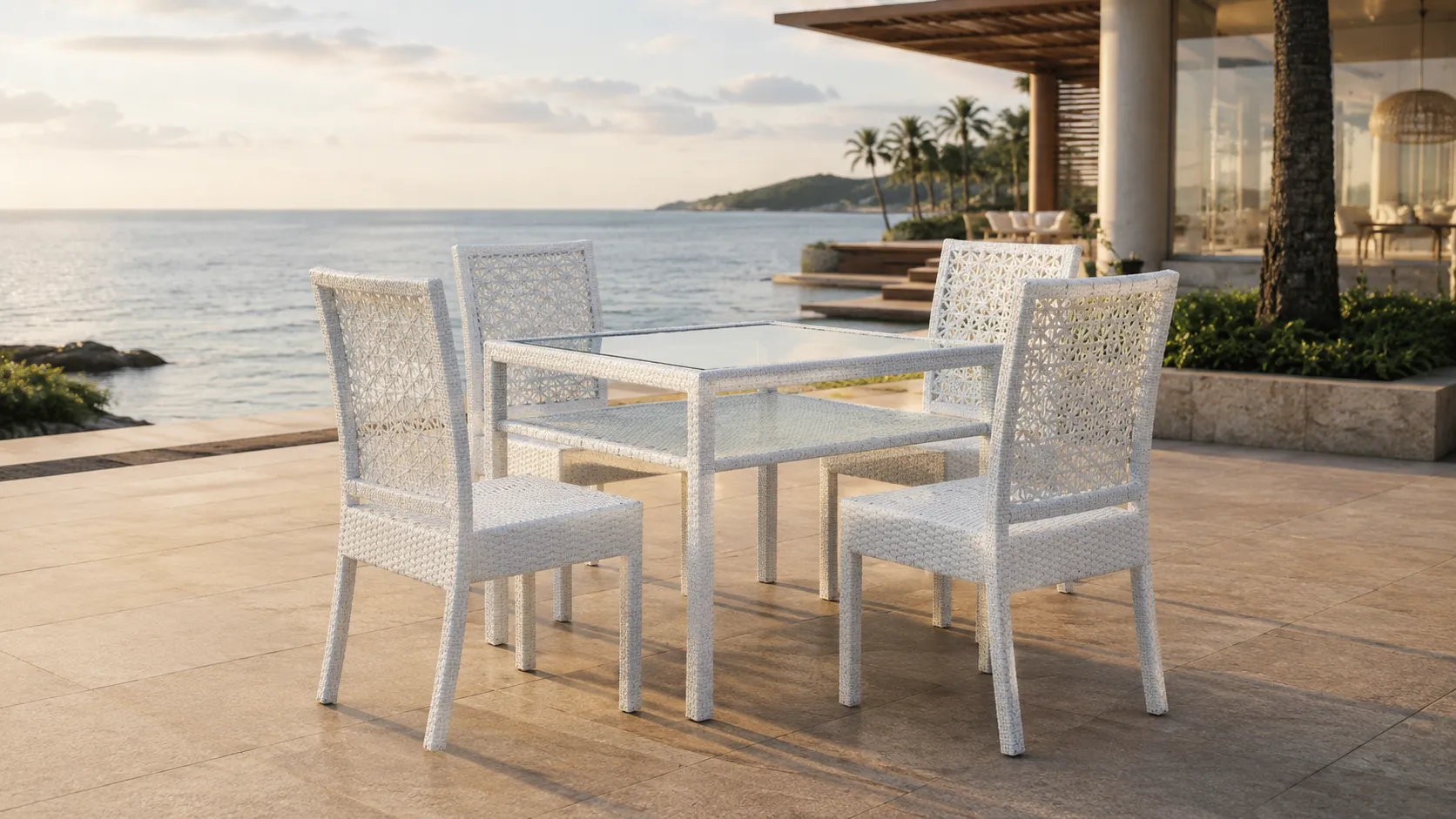 White PE Rattan Outdoor Dining Set with 4 Chairs & Glass Table for Patio Café Terrace