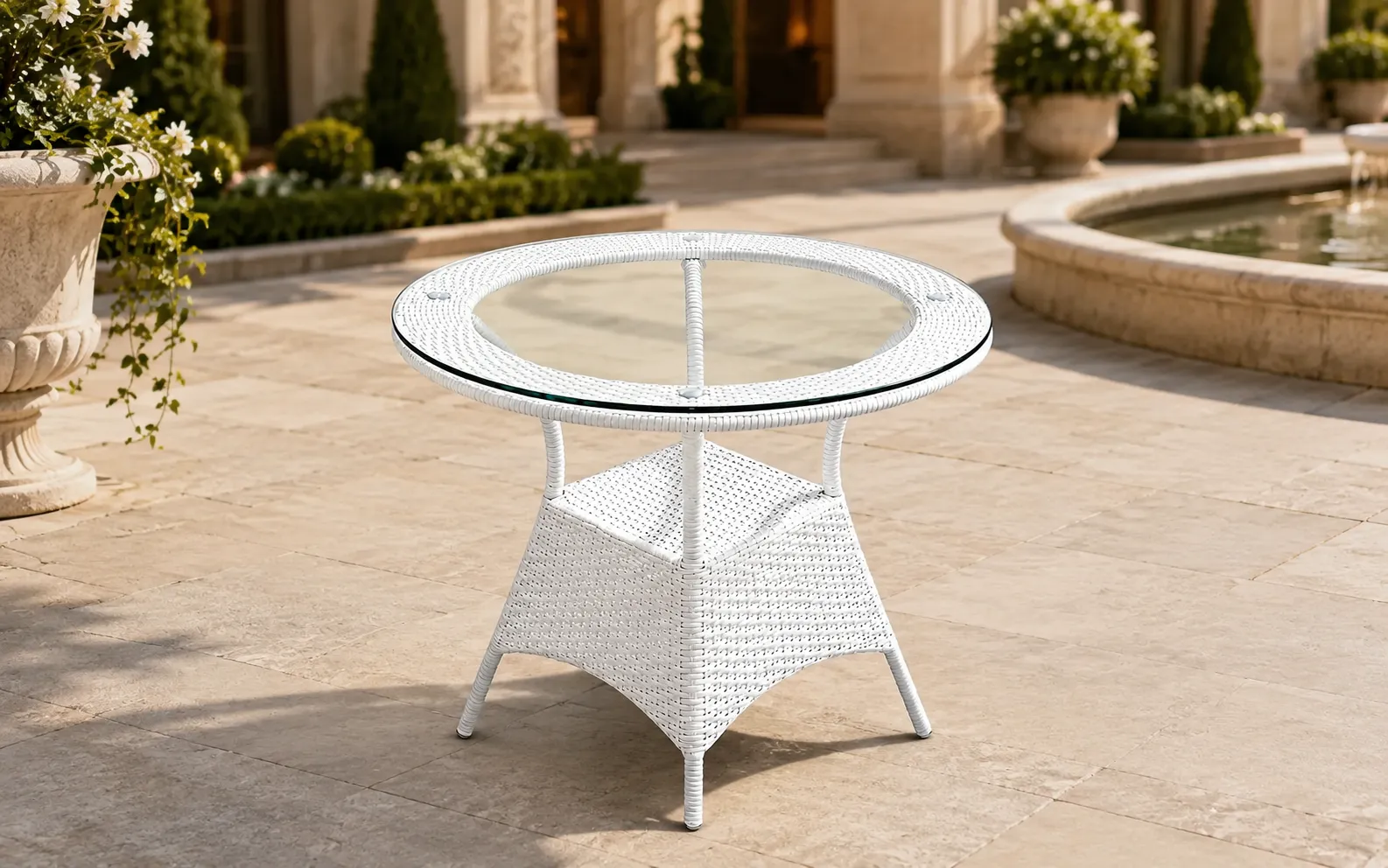 XIMU Furniture white wicker round glass table for patio balcony and hotel outdoor projects