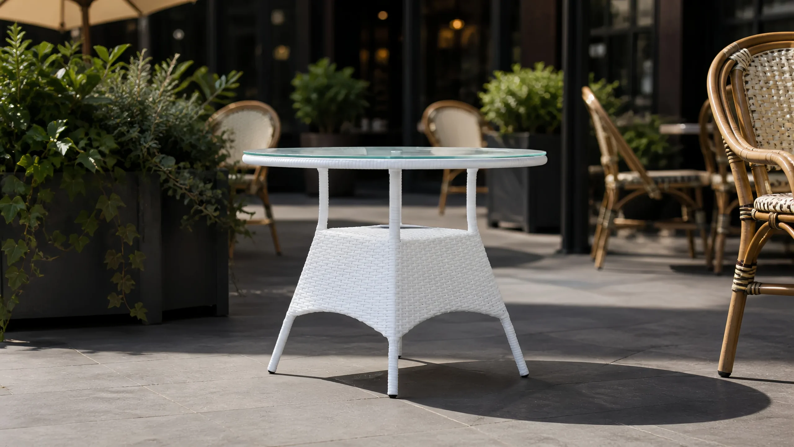 White Wicker Round Glass Table for Patio and Balcony Projects
