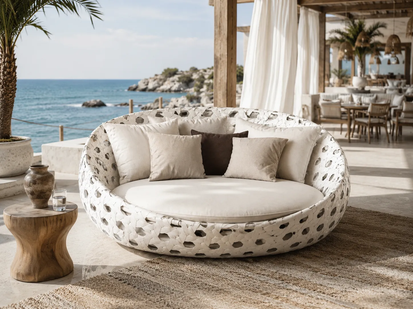 Back view of white woven outdoor daybed with sculptural rattan frame