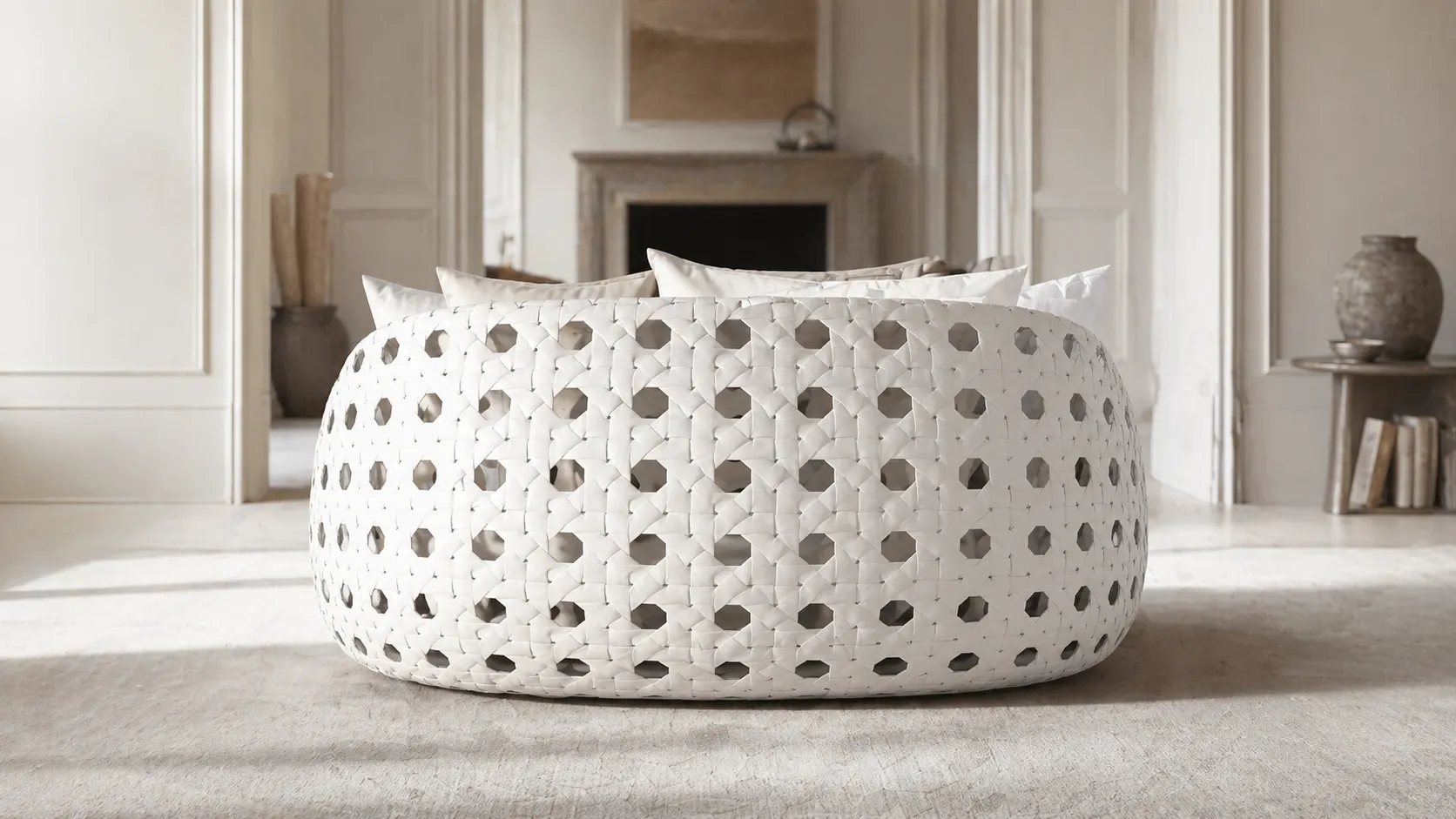 White Round Wicker Outdoor Daybed for Hotel Poolside