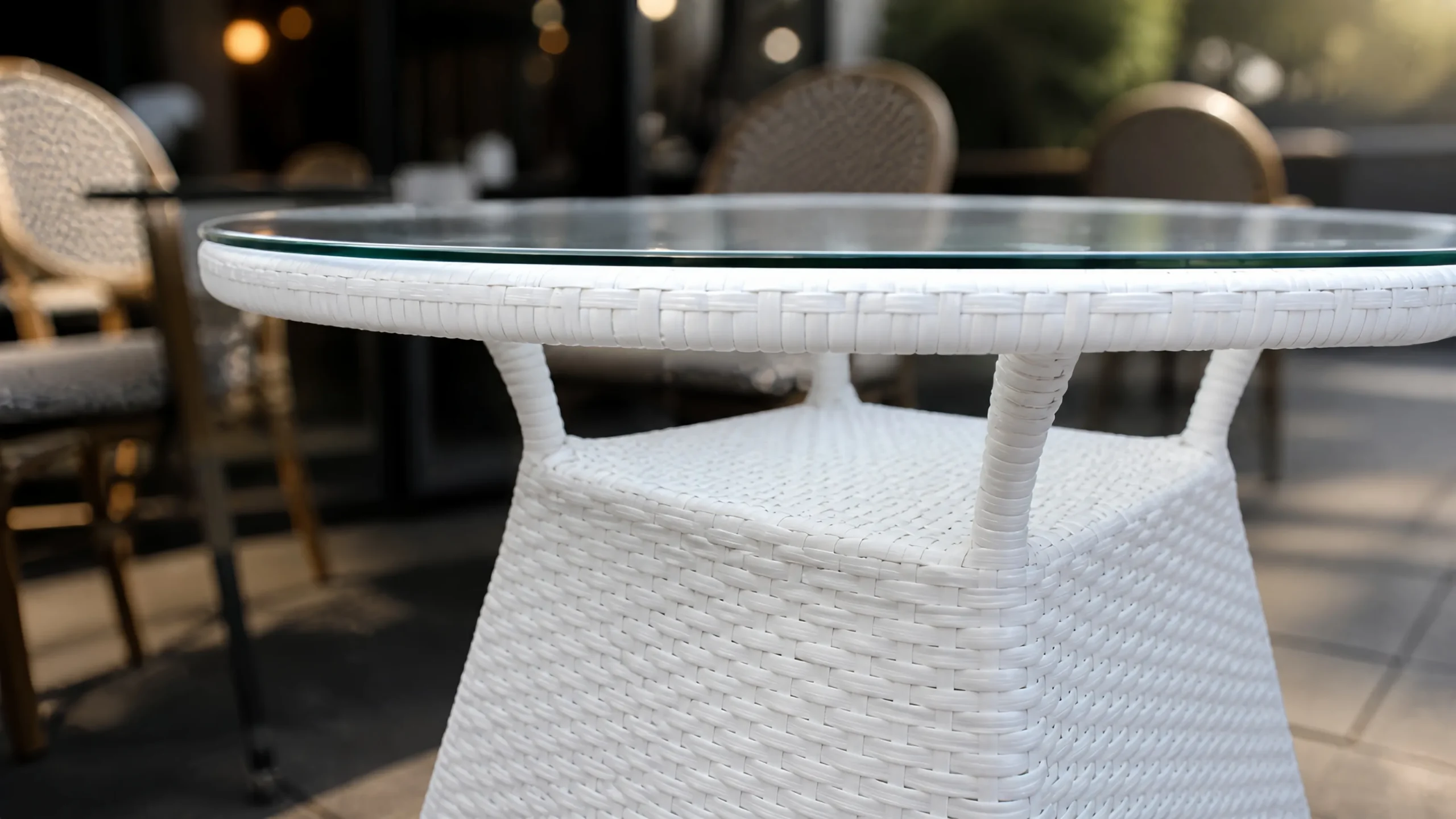 White Wicker Round Glass Table for Patio and Balcony Projects