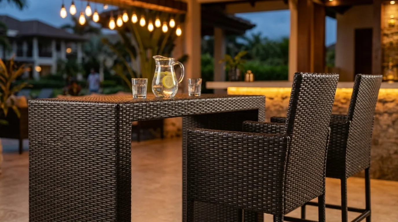 Wicker bar table detail for commercial outdoor bar furniture set