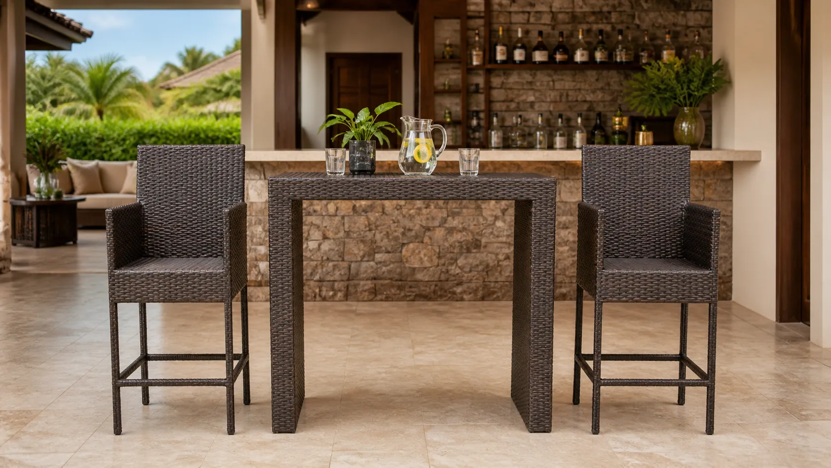 Wicker Bar Table and Stools Set for Outdoor Hospitality Projects