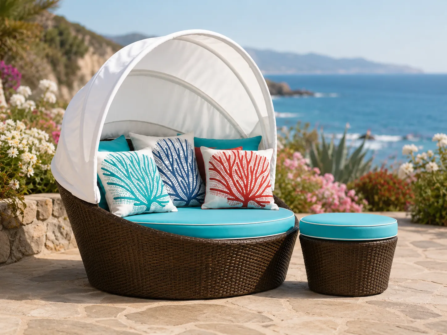 Side view of wicker canopy daybed with ottoman and foldable back canopy