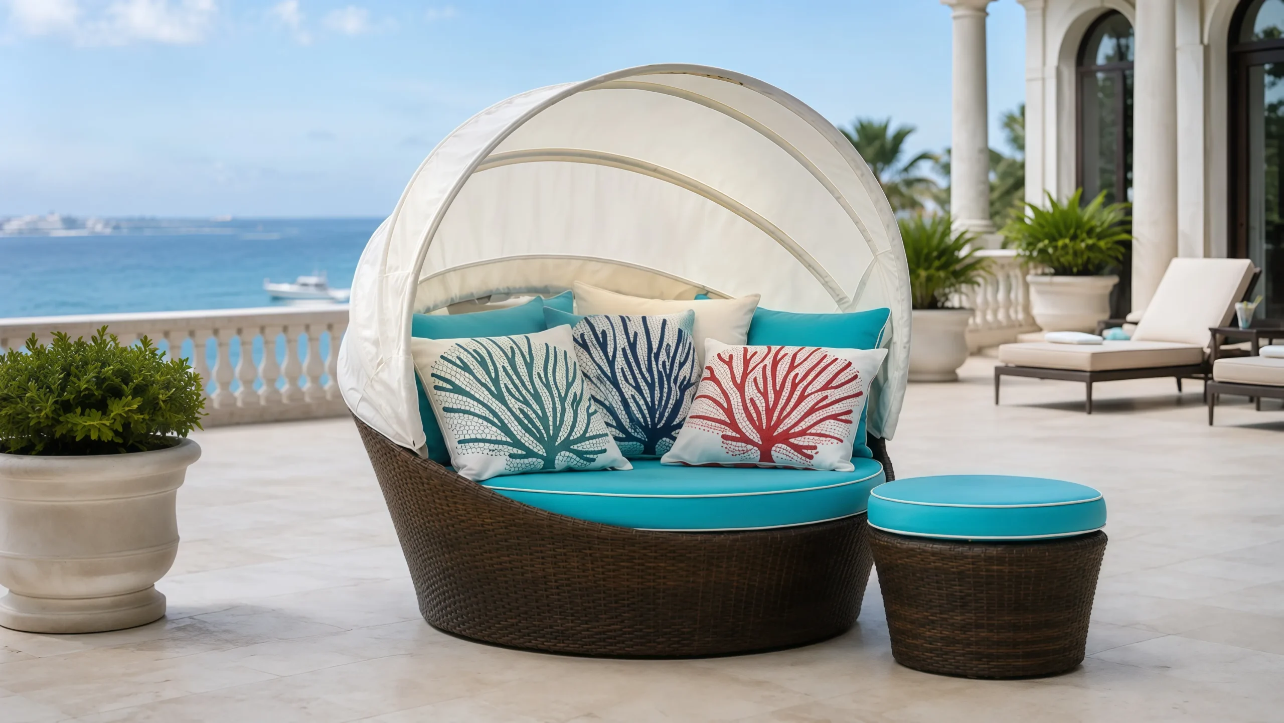 Large Wicker Outdoor Daybed with Foldable Canopy and Ottoman