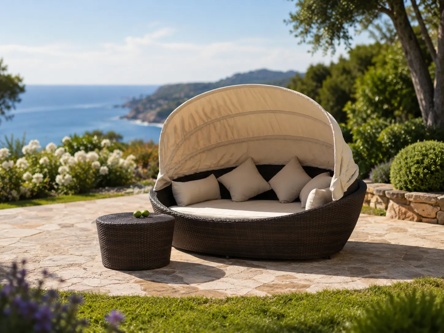 Side view of wicker outdoor canopy daybed with shade roof