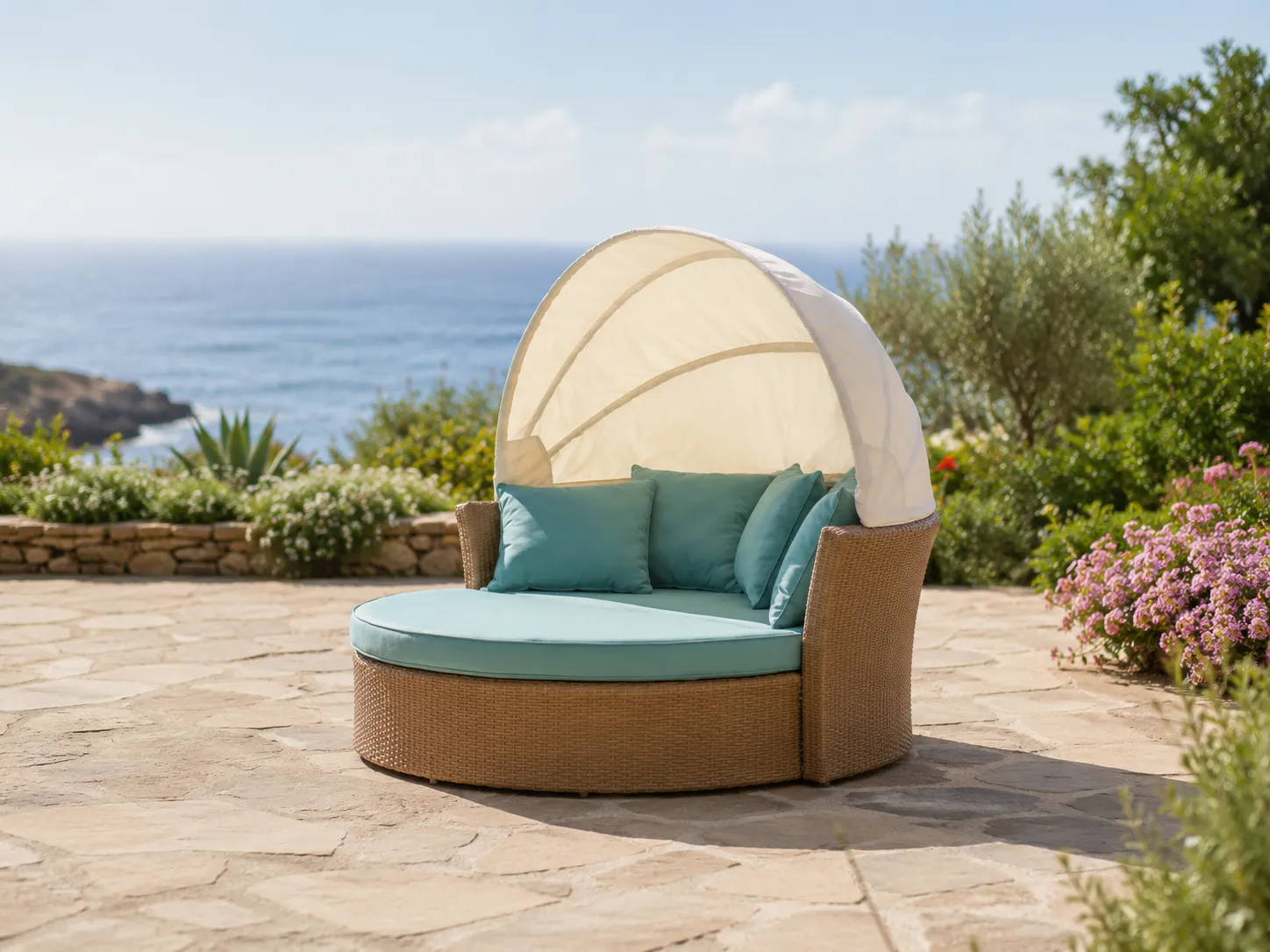 Side view of wicker canopy daybed with adjustable back canopy and blue cushions