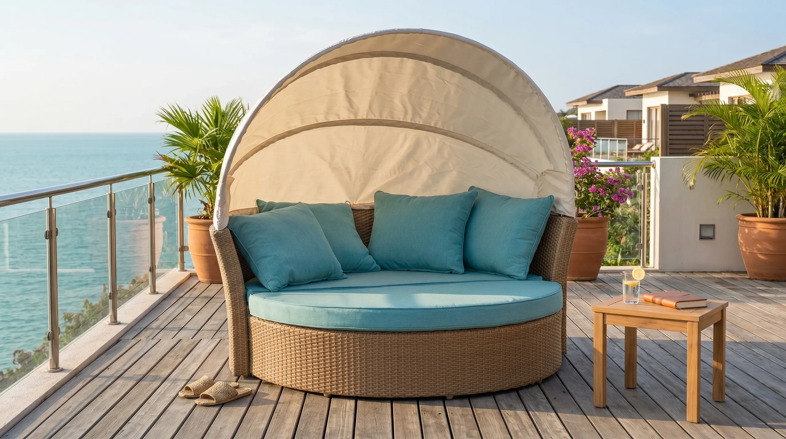 Large Wicker Outdoor Daybed with Adjustable Canopy