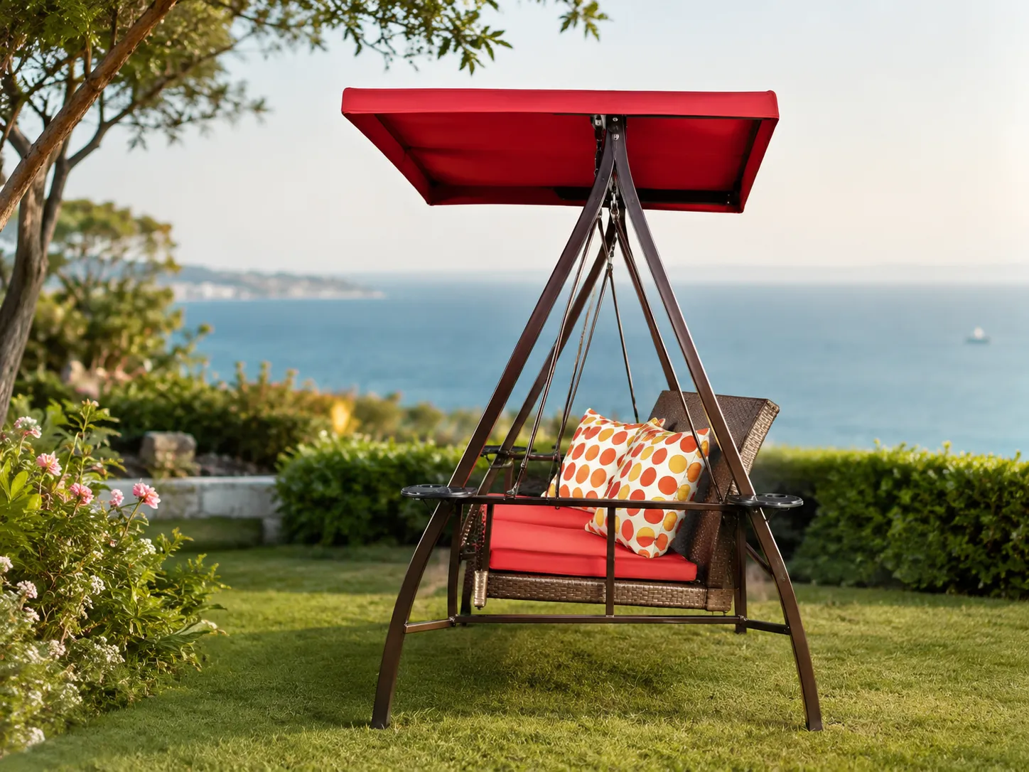 Side view of wicker outdoor canopy swing chair with support frame