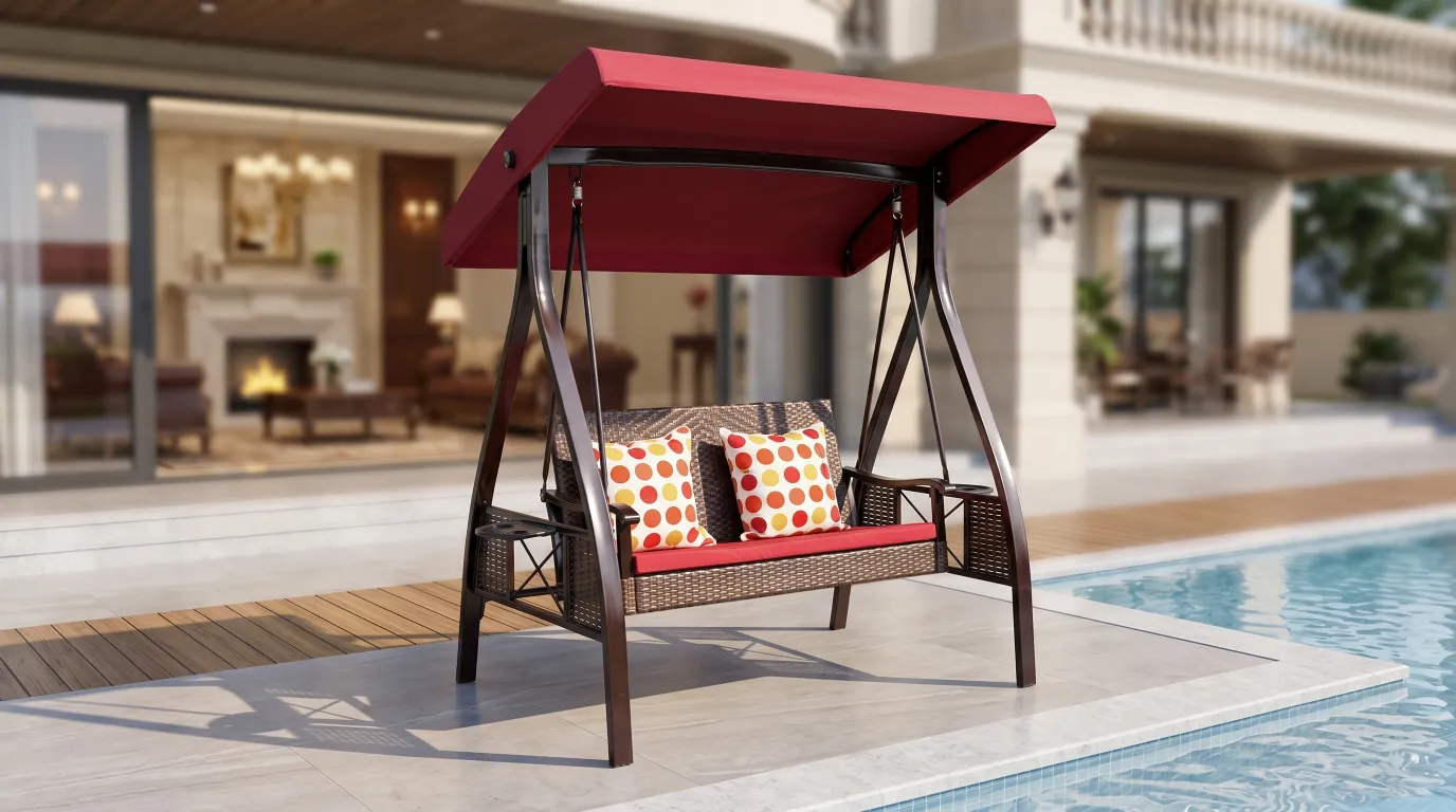 Wicker Outdoor Canopy Swing Chair with Red Cushions