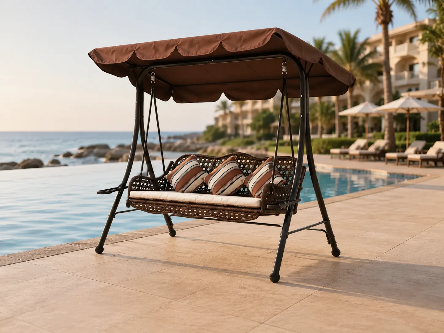 Side view of wicker outdoor canopy swing sofa with support frame
