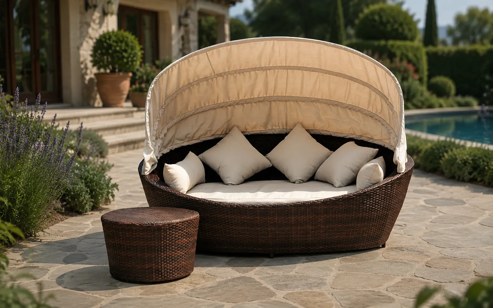 XIMU Furniture wicker outdoor canopy daybed with side table and beige cushions