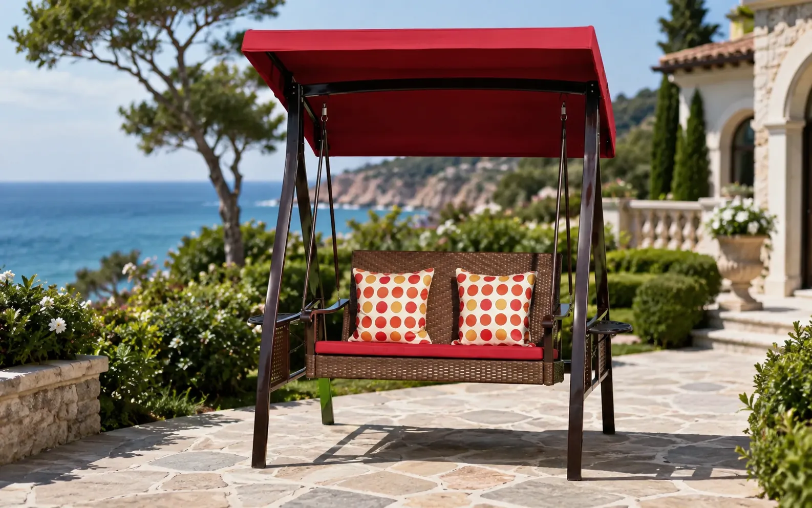 XIMU Furniture wicker outdoor canopy swing chair with red cushions and shade roof