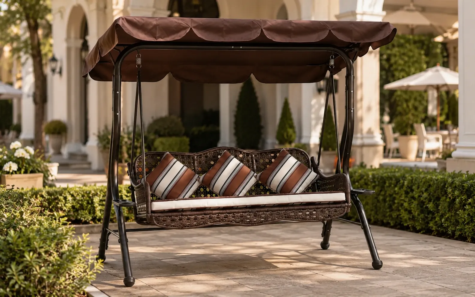 XIMU Furniture wicker outdoor canopy swing sofa with beige cushions and shade roof