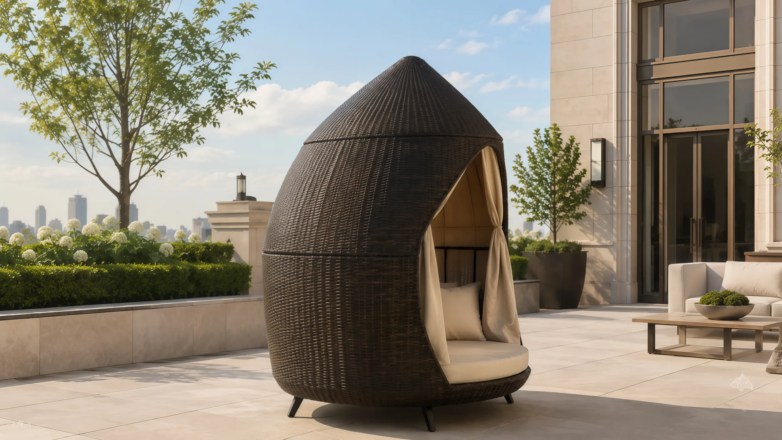 PE Rattan Outdoor Cabana Daybed with Curtains for Resort Poolside Lounge