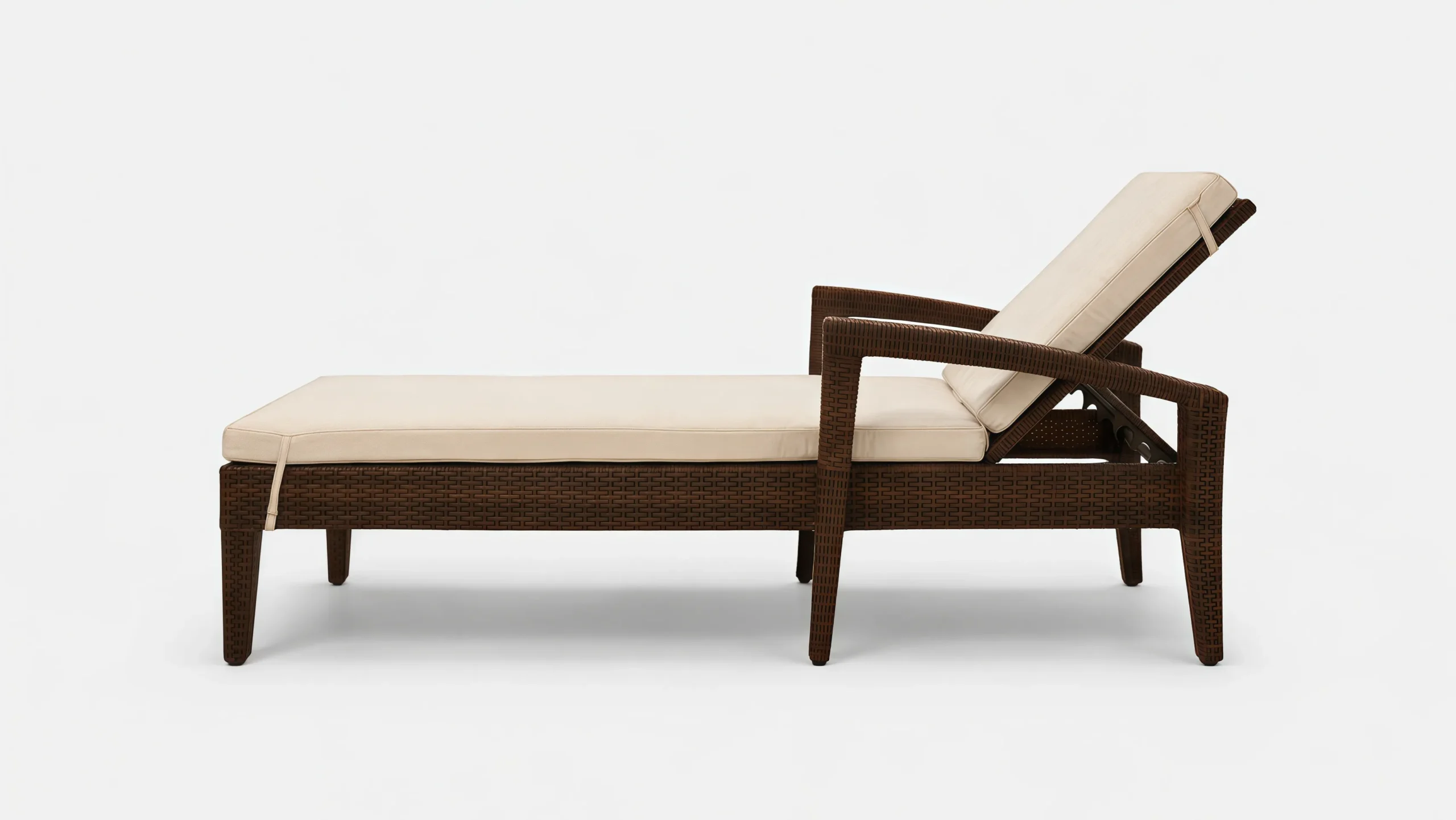 Wicker Outdoor Sun Lounger with Armrests and Beige Cushion