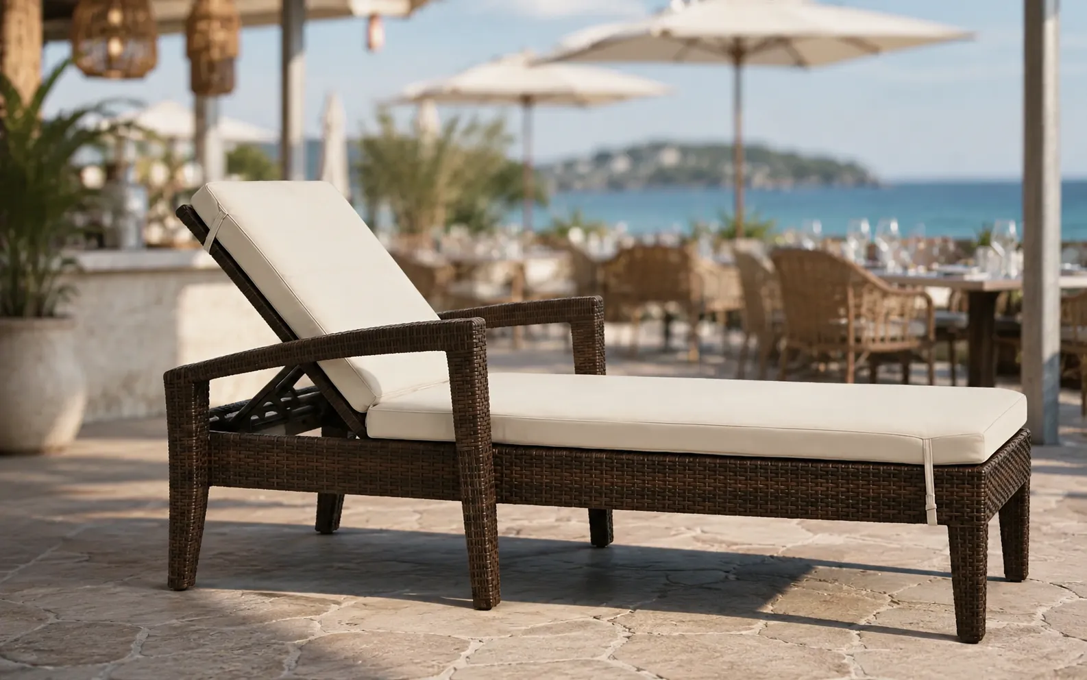 XIMU Furniture wicker outdoor sun lounger with armrests and white cushion