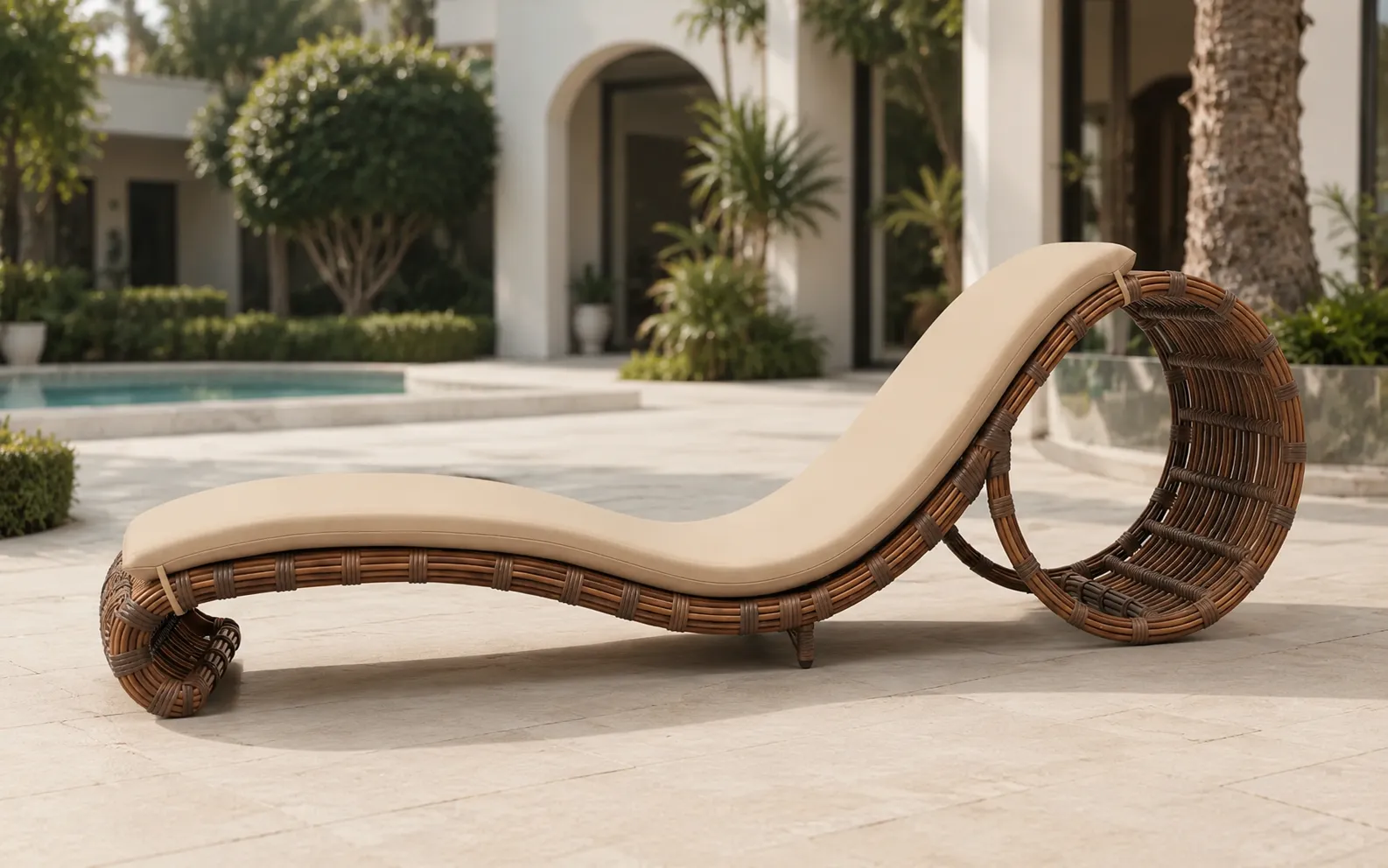 XIMU Furniture wicker outdoor sun lounger with beige cushion