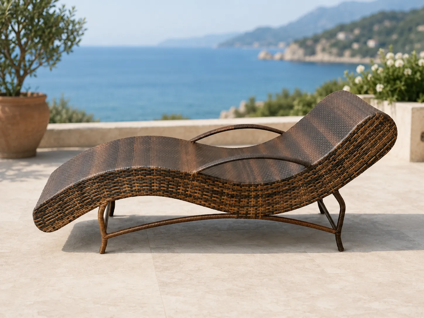 Side view of wicker outdoor sun lounger with curved chaise profile