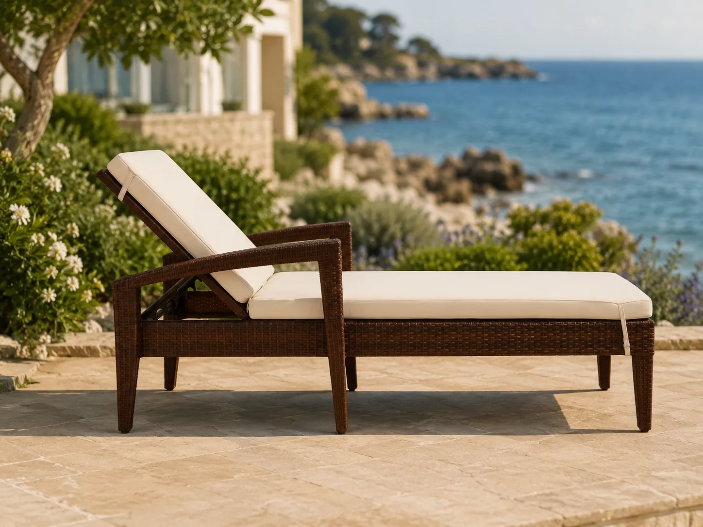 Side view of wicker outdoor sun lounger with armrests and adjustable backrest